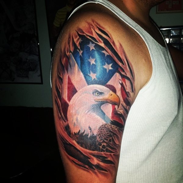 Ripped Skin American Flag- With Eagle-Tattoo On Shoulder