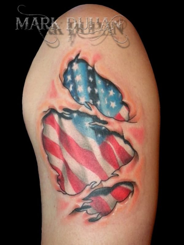Ripped Skin USA Flag Tattoo On Right Shoulder