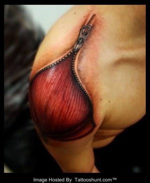 Ripped Skin Zip Tattoo On Shoulder