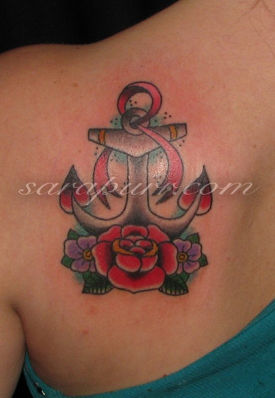 Rose And Anchor Flower Tattoo