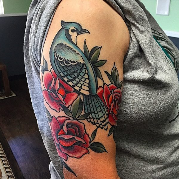 Rose And Blue Bird Tattoo