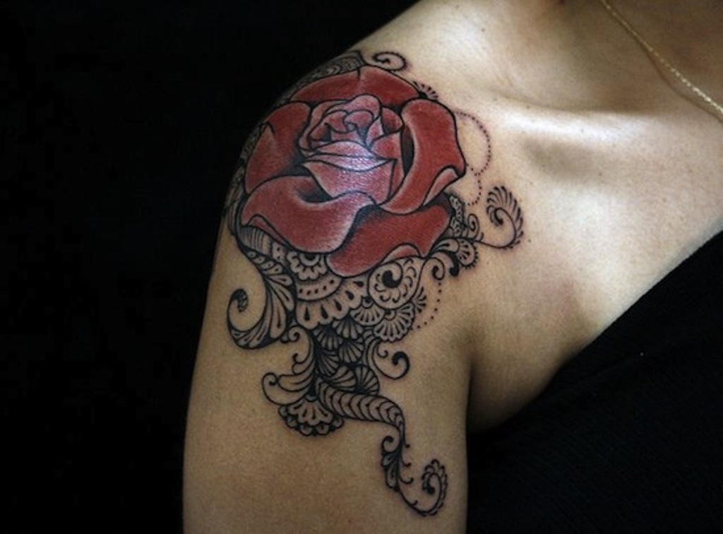 Rose Lace Shoulder Tattoo.
