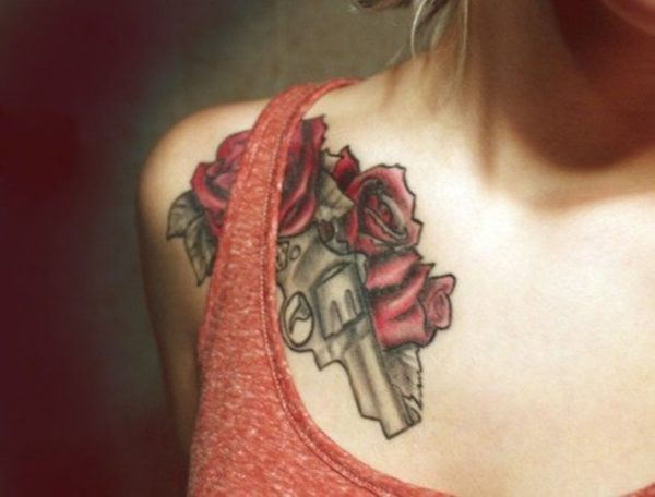 Rose With Gun Tattoo For Women