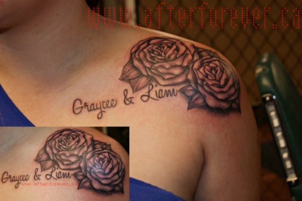 Roses kids Names On Shoulder Collarbone Tattoo