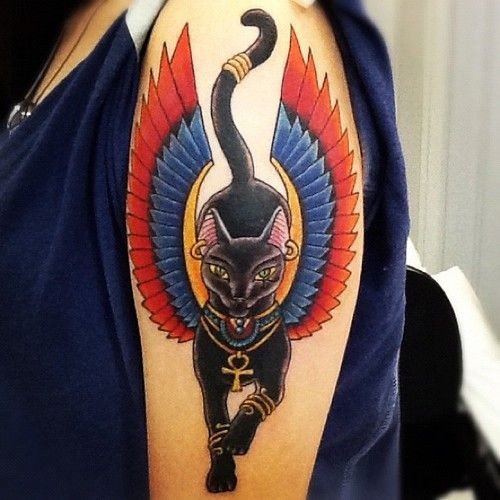 Sacred Egyptian Cat With Wings Tattoo