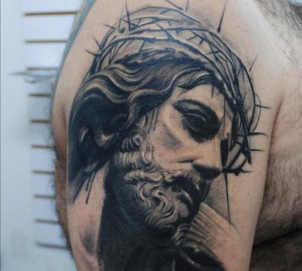 Sad Jesus Tattoo On Shoulder