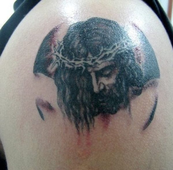 Sad Jesus Tattoo On Shoulder