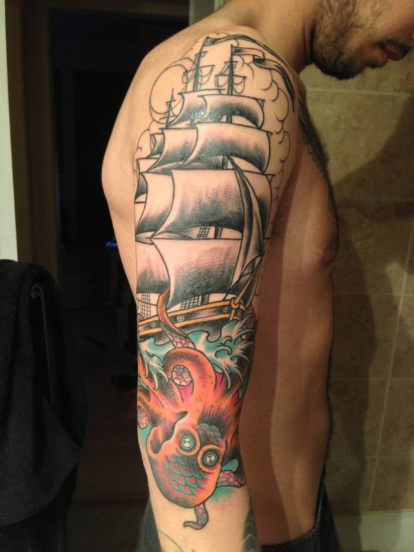Ship Tattoo Shoulder On Right Shoulder