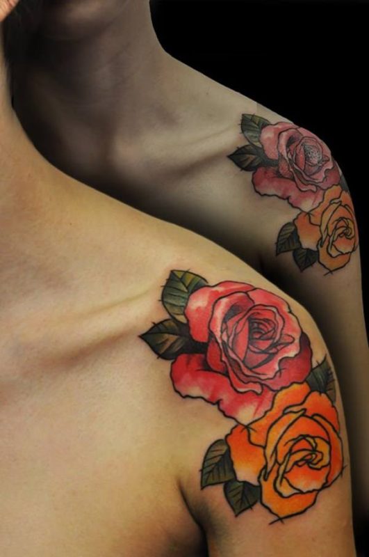 Shoulder Joint Colored Roses Tattoo