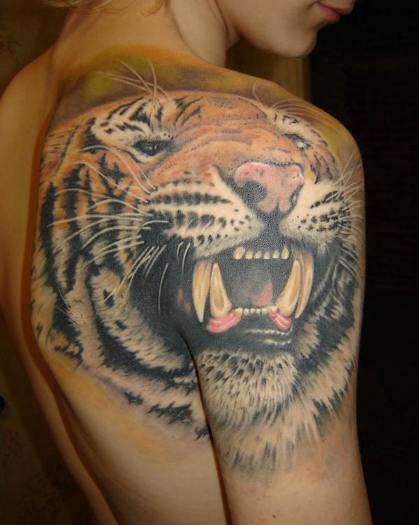 Shoulder Joint Lion Face Tattoo