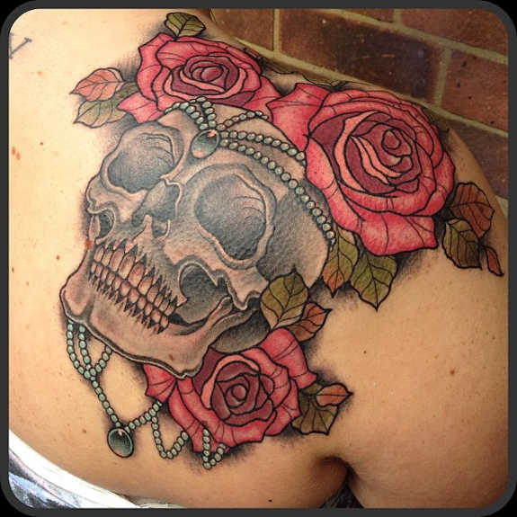 Shoulder Joint Skull And Rose Tattoo