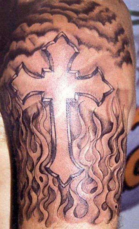 Simple Cross Tattoo On Right Shoulder