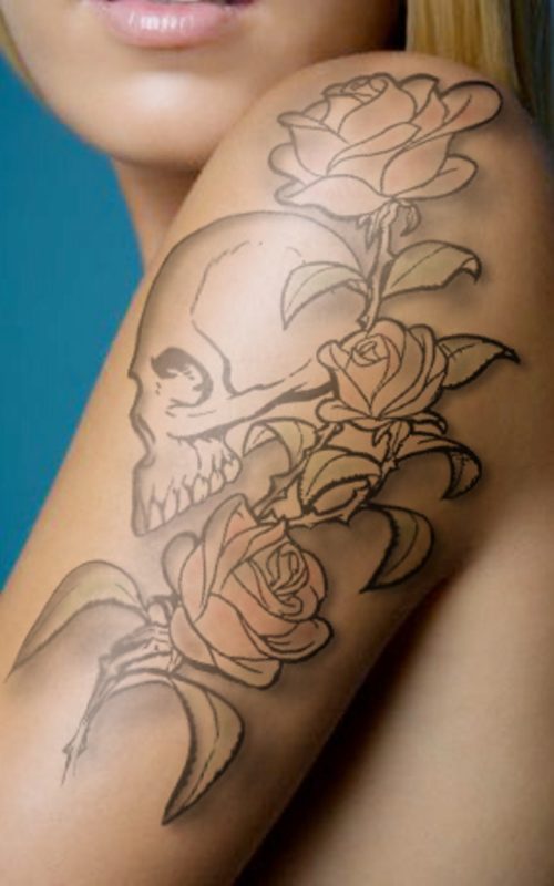 Simple Skull And Roses Tattoo