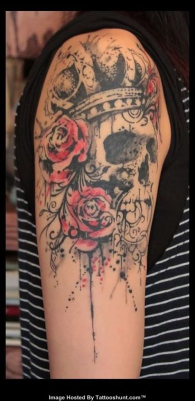 Skull And Roses Shoulder Tattoo