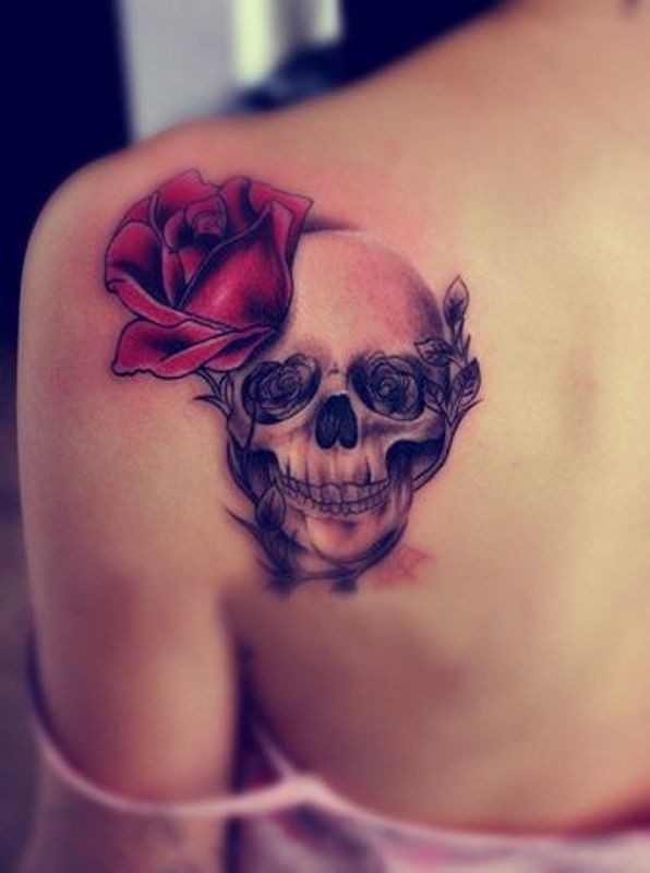 Skull With Rose Shoulder Blade Tattoo