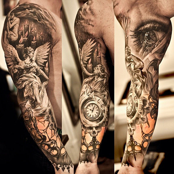 Sleeve Tattoo With Eye And Clock