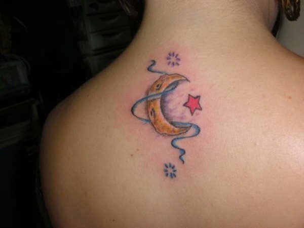  Smal Colorful Moon And Star Tattoo