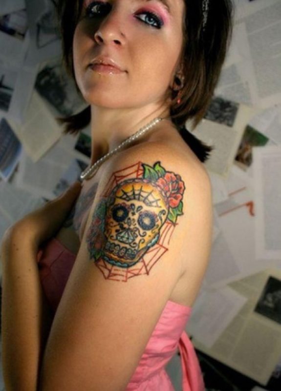 Small Colorful Skull Shoulder Tattoo
