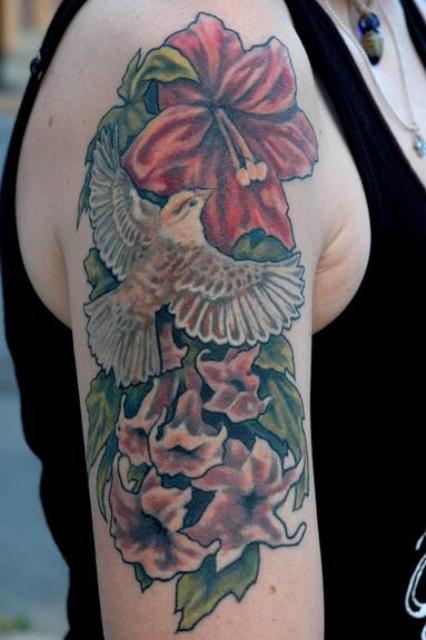 Sparrow And Flower Tattoo