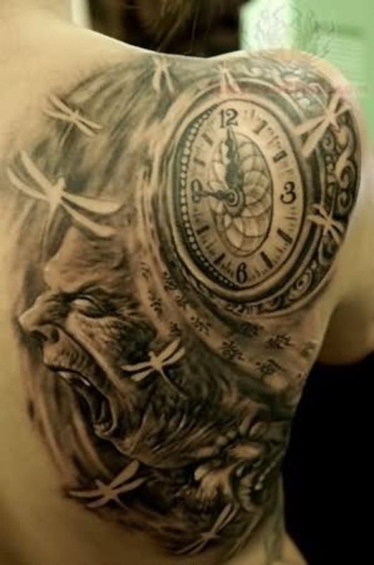 Stunning Black Clock Shoulder Tattoo Design