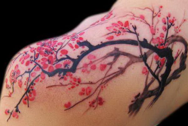 Stunning Cherry Blossom Tattoo On Shoulder Back