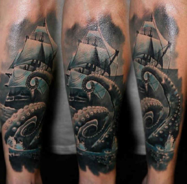 Stunning Kraken And Ship Tattoo