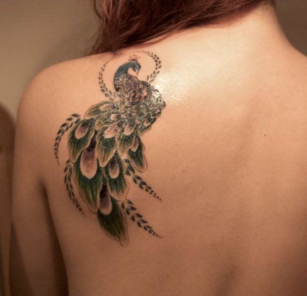 Stunning Peacock Shoulder Blade Tattoo