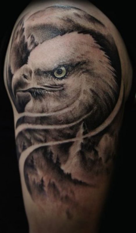 Stylish Black And White Eagle Shoulder Tattoo