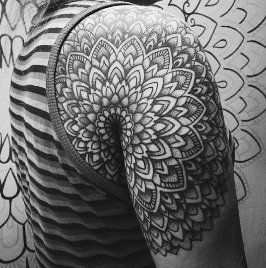 Stylish Black Mandala Shoulder Tattoo