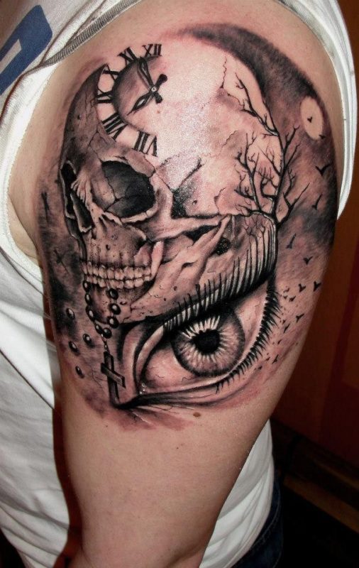 Stylish Skull Clock And Eye Tattoo