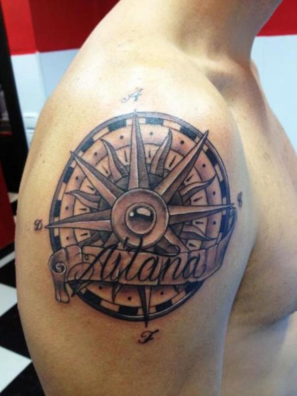 Sun Lettering Tattoo On Left Shoulder