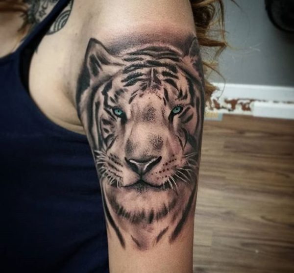 Sweet Black Tiger Tattoo On Left Shoulder