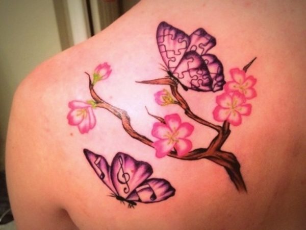 Sweet Cherry Blossom Flower And Butterfly Tattoo