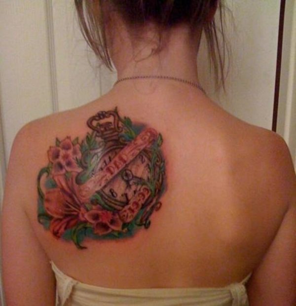 Sweet Clock Back Shoulder Tattoo