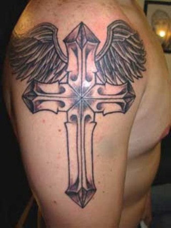 Sweet Cross Wings Shoulder Tattoo