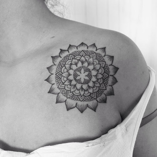 Sweet Mandala Tattoo On Front Shoulder
