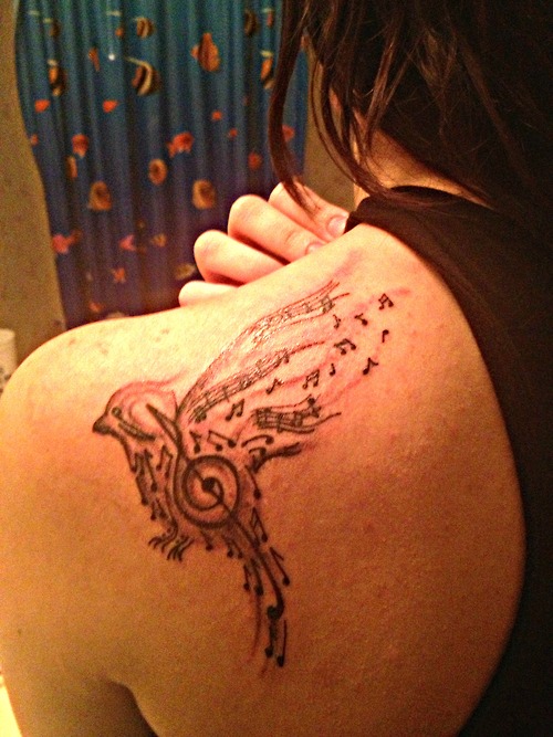 Sweet Music Bird Shoulder Tattoo