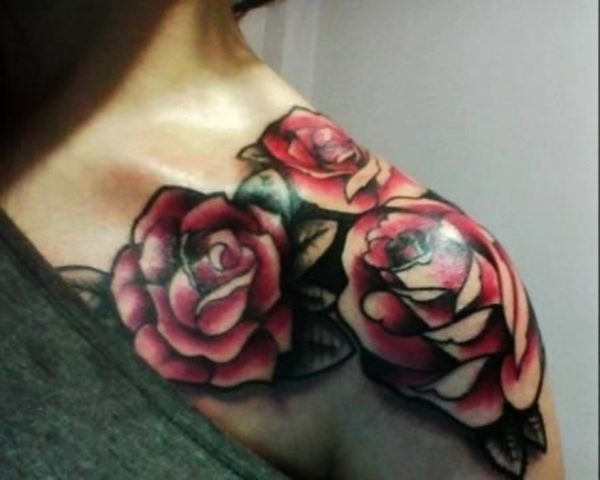Three Red Rose Flower Tattoo On Shoulder