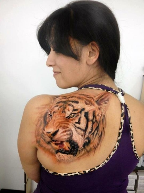 Tiger Tattoo On Left Shoulder Back