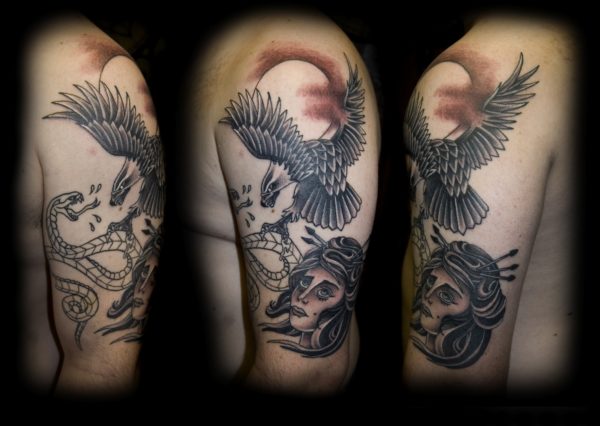 Traditional Black Eagle Shoulder Tattoo Design