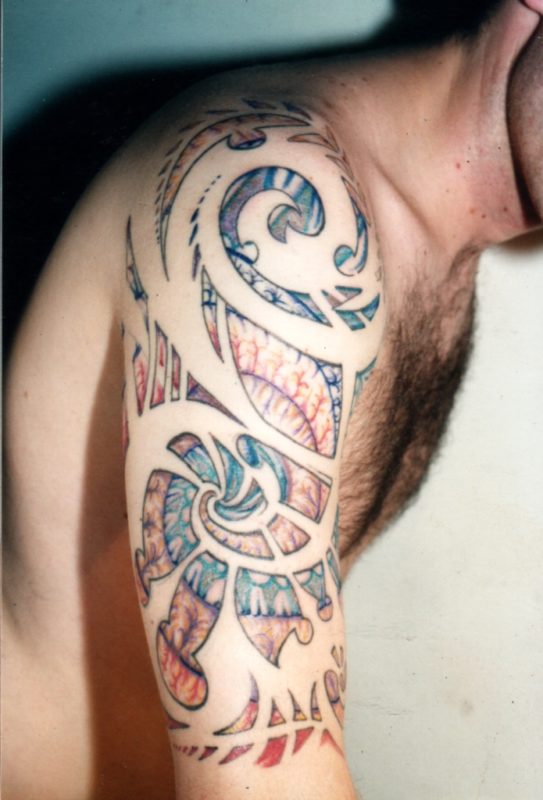 Tribal Colorful Shoulder Tattoo-