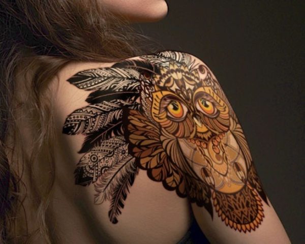 Tribal Owl Shoulder Tattoo
