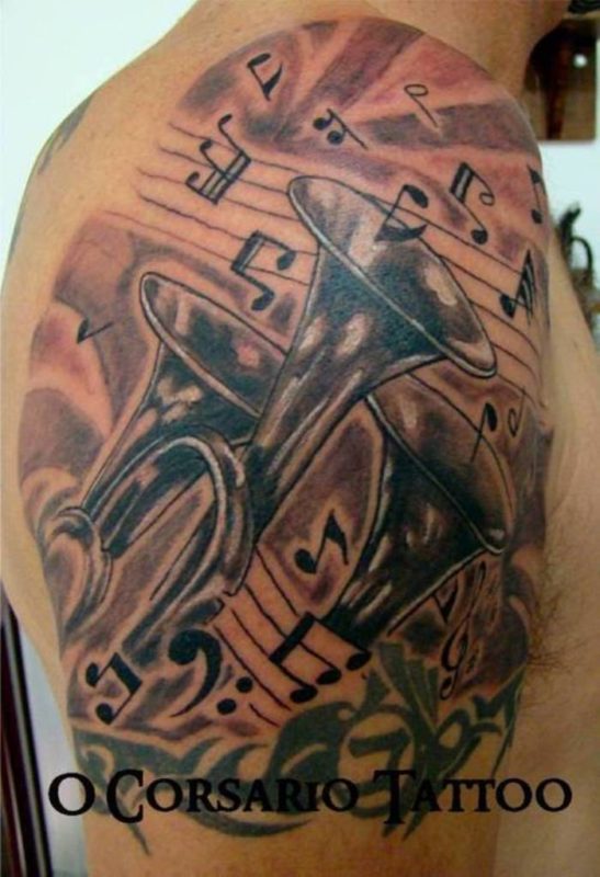 Trumpet With Musical Symbol Tattoo