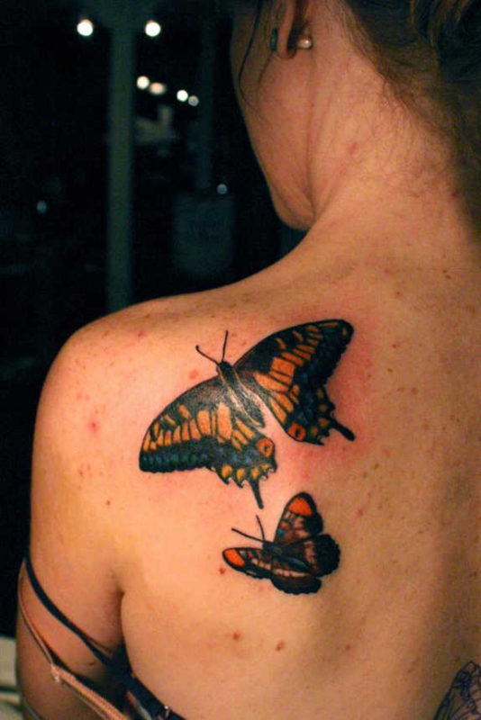 Two Black Butterflies Tattoo On Shoulder