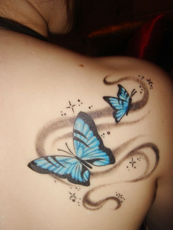 Two Blue Butterfly Tattoo On Right Shoulder