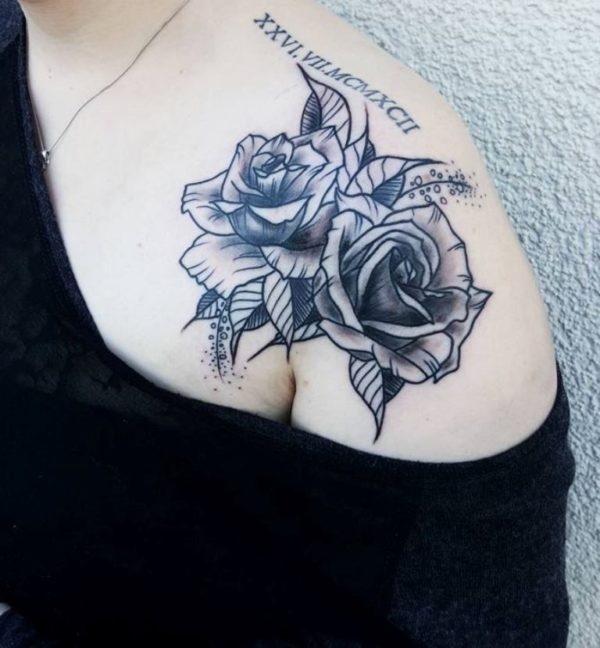 Two Grey Rose Flower Tattoo On Shoulder