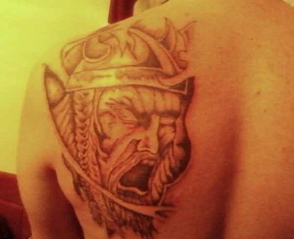 Viking Face Tattoo On Shoulder Back