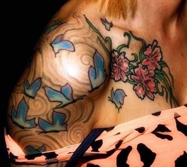 Vine Flowers And Flying Birds Shoulder Tattoo