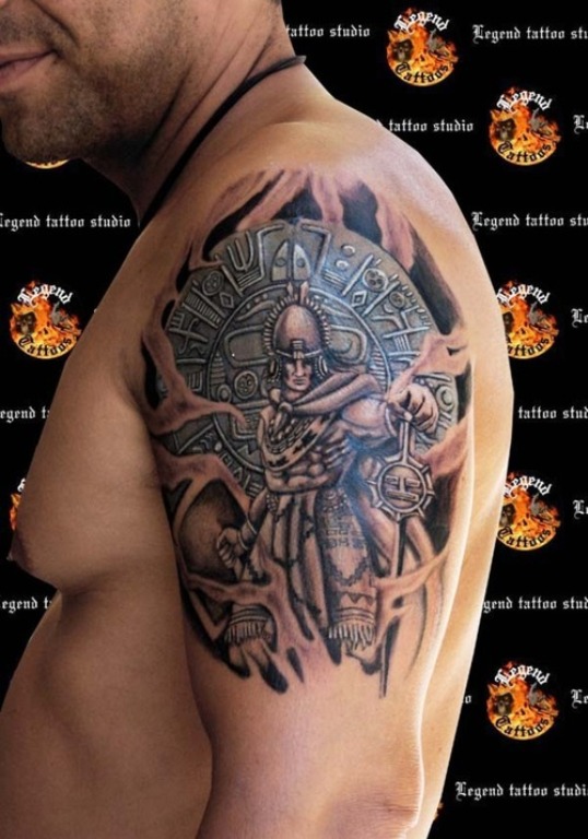Warrior Aztec Tattoo On Right Shoulder