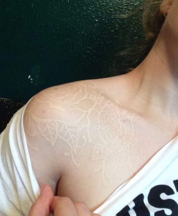 White Ink Flower Tattoo On Shoulder